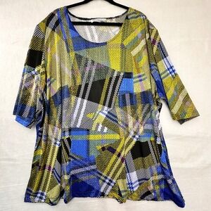 A Personal Touch Womens Blue Lime Green Abstract Plaid Tunic Top Made in USA